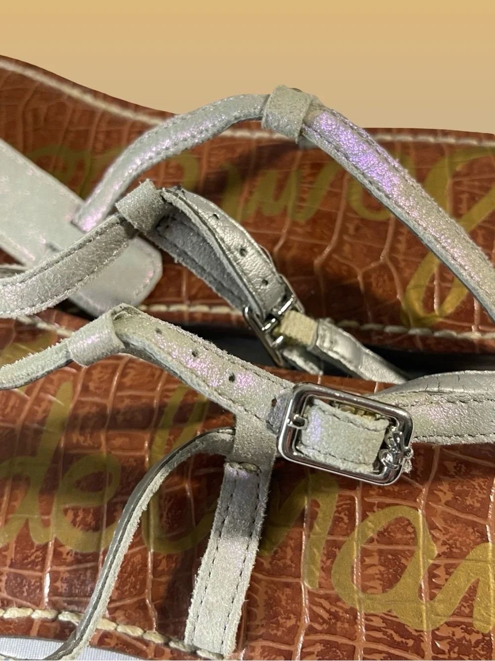 Sam Edelman Gigi Metallic Silver T-Strap Thong Sandals Croc Embossed Brown Sz9